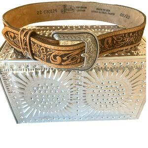 Justin Leather Belt Youth 22 Tan Tooled Top Grain Silver Tone Buckle USA Western